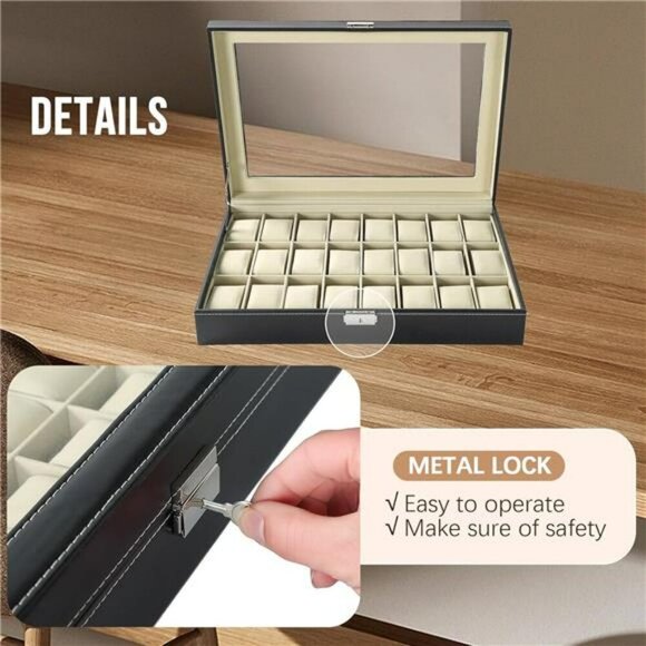 Watch Display Case 24 Slot Glass Top Organizer Faux Leather Jewelry Storage - Picture 4 of 7